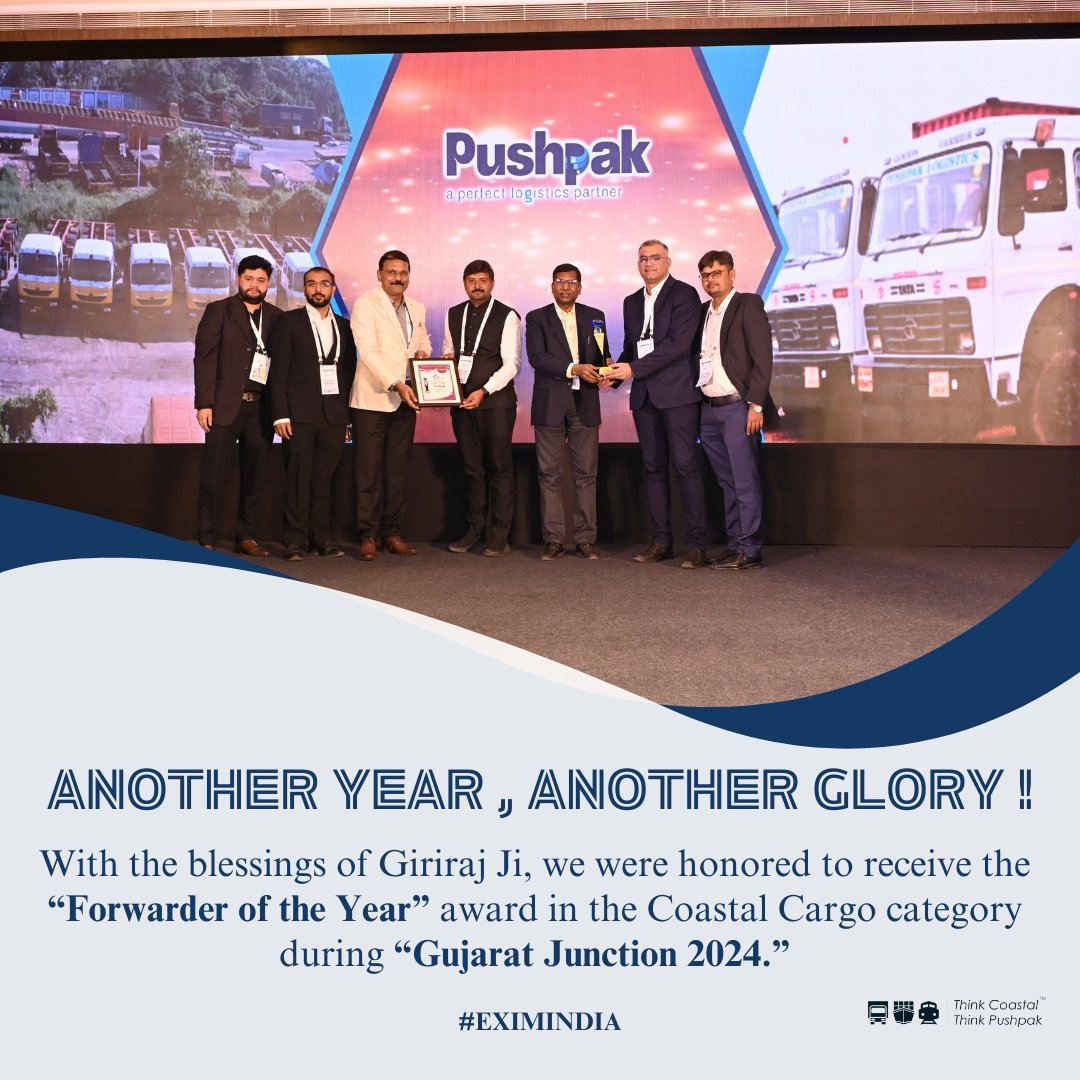Pushpaklogist's tweet photo. With the blessings of Giriraj Ji, we are honored to receive the *Forwarder of the Year - Coastal Cargo award at the Gujarat Junction Awards 2024* by EXIM India. ππ’ #PushpakLogistics #AwardWinningTeam #CoastalCargoExcellence https://t.co/6aFhTFHgi5