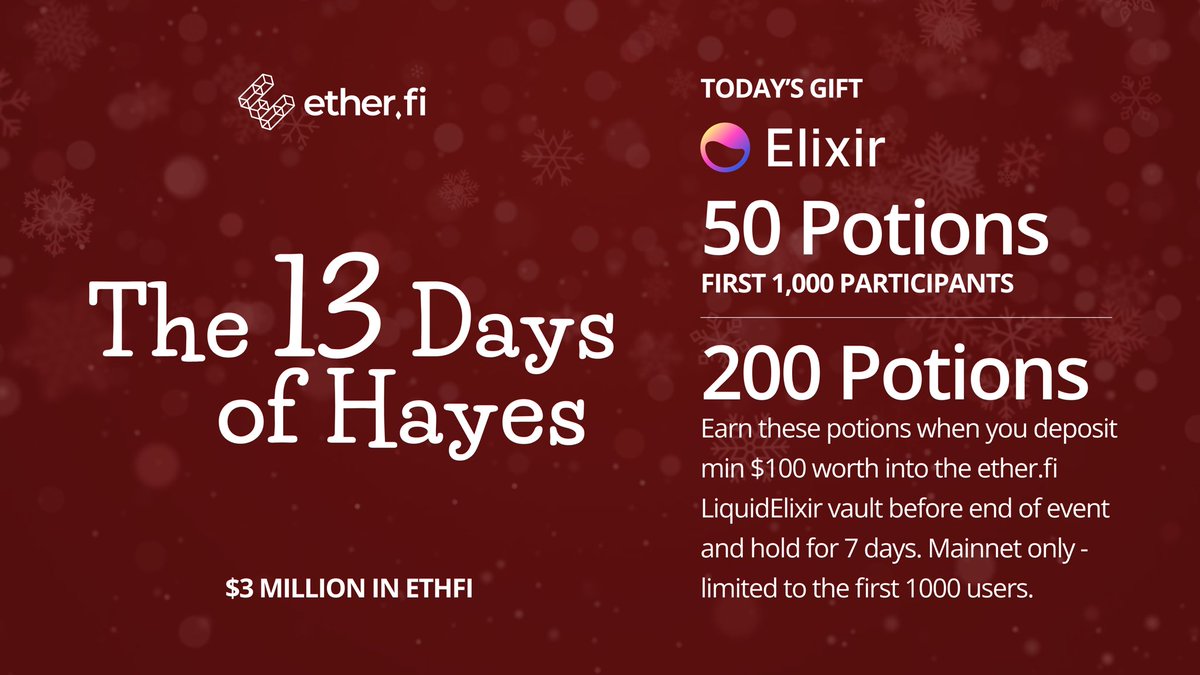 ether_fi's tweet image. 🎁 We have a bonus gift from @Elixir…

🎉50 Elixir Potions! AND an additional 200 Potions🎉 

Earn the 200 Potions when you deposit $100 into the Elixir Partner Vault before the end of the event and hold for 7 days.

👉 Unwrap this gift: app.ether.fi