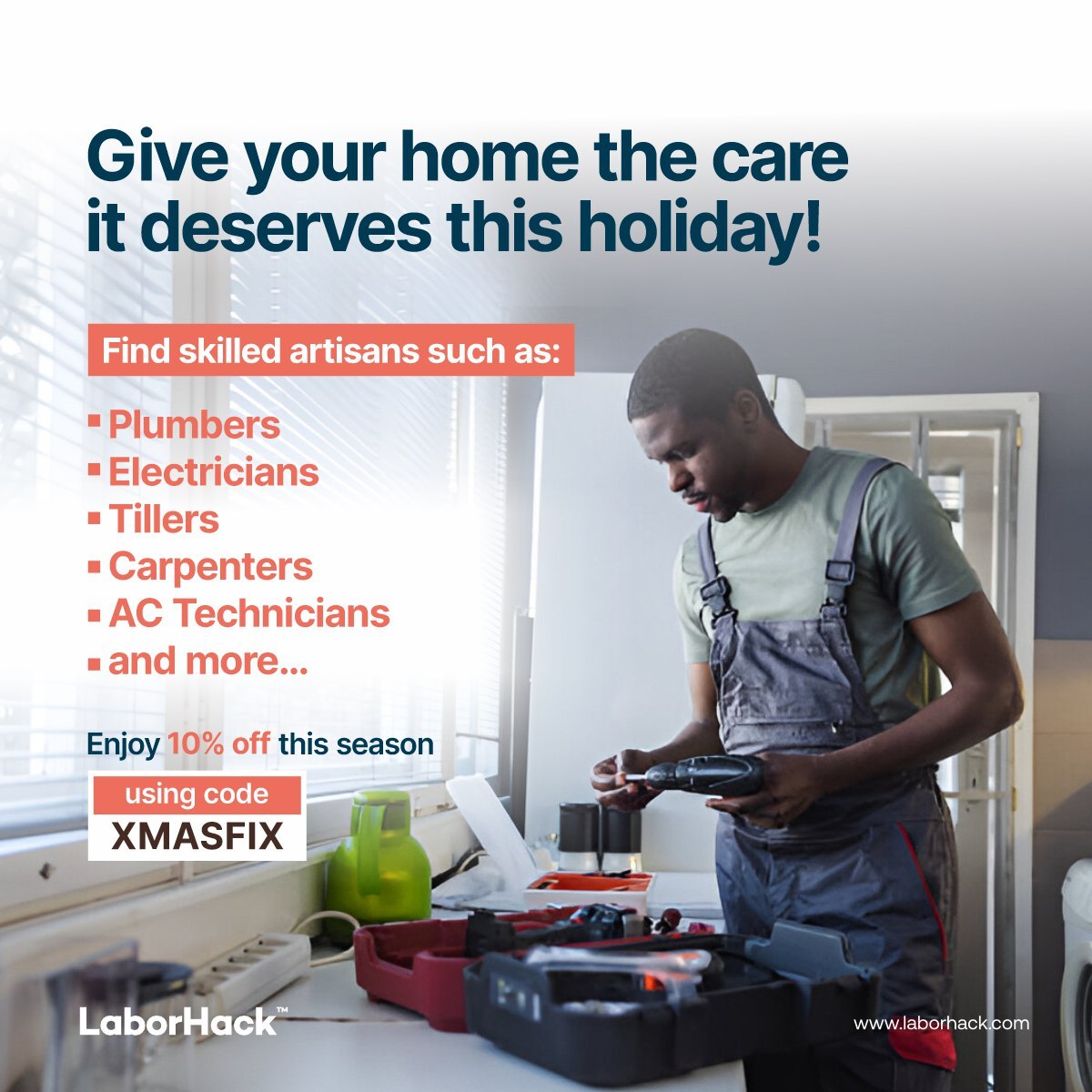 Laborhack_ng's tweet image. The holiday season is here, and your home deserves to sparkle!

Whether it&apos;s fixing your pipes, upgrading your wiring, and more, we’ve got you covered.

Visit laborhack.com to hire a Pro and enjoy 10% off this season

This offer is valid till December 31st, 2024.