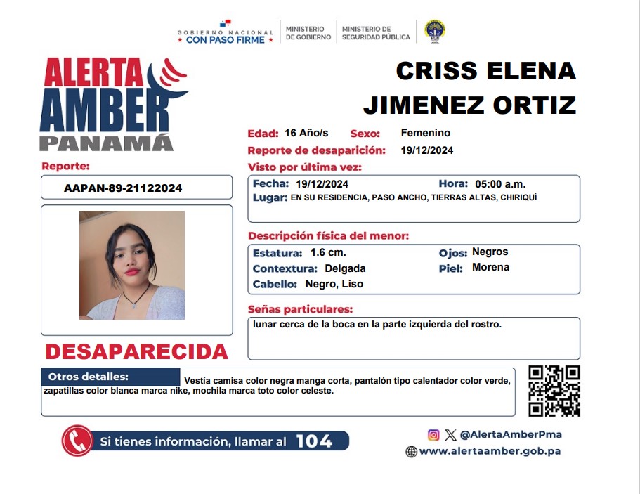 .<a href="/PGN_PANAMA/">Procuraduría General de la Nación</a> activa #AlertaAmber por Criss Elena Jiménez Ortiz, de 16 años, vista por última vez el 19 de diciembre de 2024.