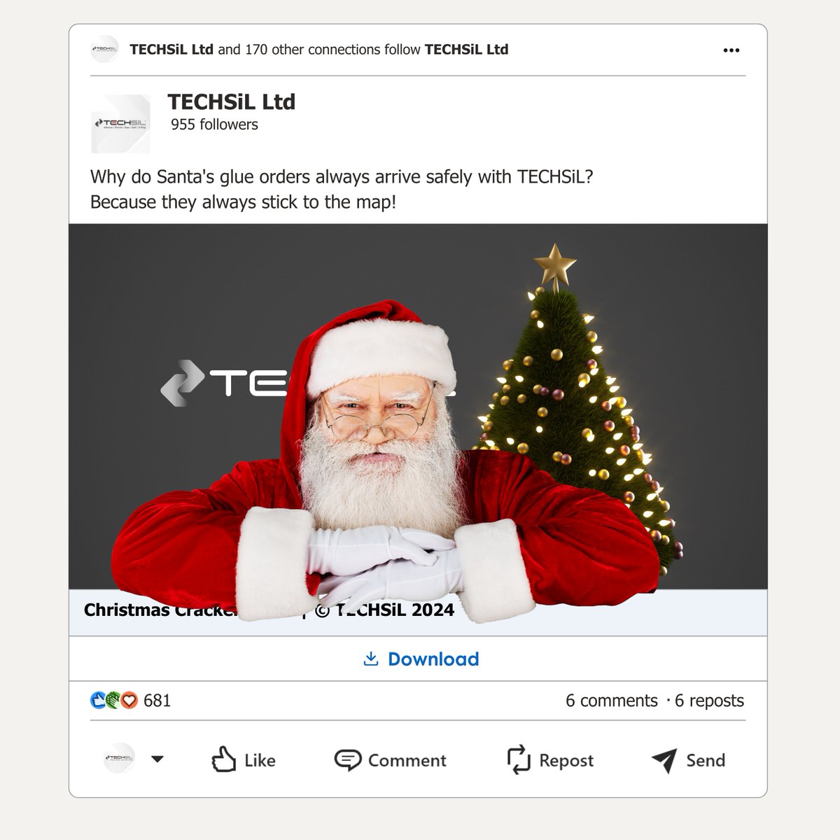 Techsil's tweet image. Why do Santa's glue orders always arrive safely with TECHSiL?
Because they always stick to the map!
🌐techsil.co.uk
#christmacountdown #TECHSiL #christmasjokes