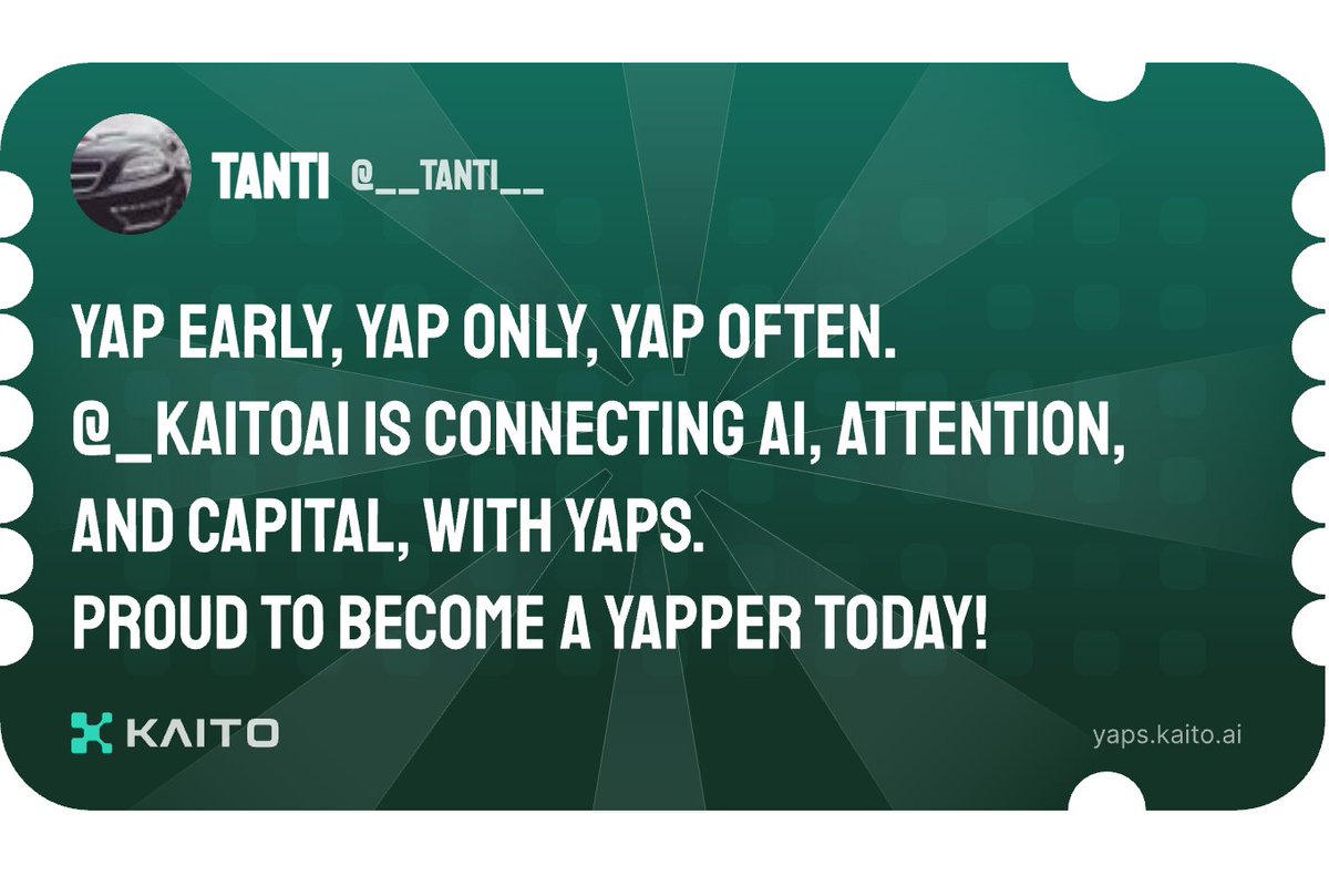 __TanTi__'s tweet photo. Yap early, yap only, yap often.

@_kaitoai is connecting AI, attention and capital with Yaps.

Just claimed my social card and I'm accumulating Yap points in real-time.

Claim yours 👉 https://t.co/YxXJ2X6YDZ https://t.co/znooykY7py