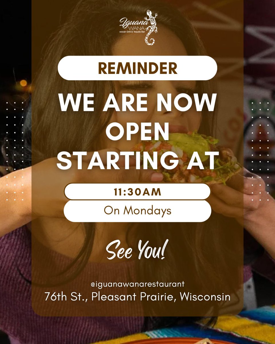 WanaGrill's tweet image. Lunch plans? Sorted. 🎉 Swing by Iguana Wana starting at 11:30AM on Mondays for vibrant dishes and amazing vibes! 🌮💃

#OpenNow #LunchDoneRight