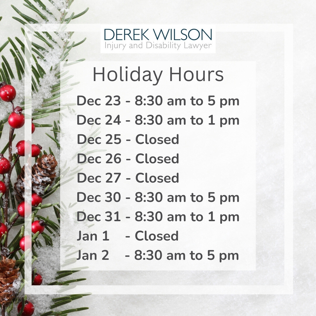 DerekWilsonLaw's tweet photo. Here are our holiday hours for the office but I am always accessible by email or contacting me at this link for new inquiries. https://t.co/VzEwlVdfmA  Merry Christmas to all! https://t.co/x3dK6hWFPo