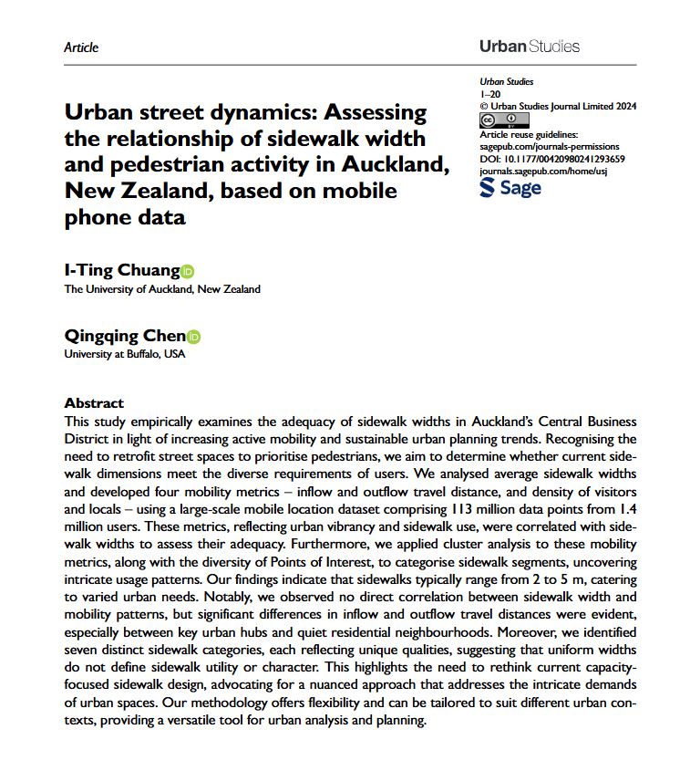 USJ_online's tweet photo. New #OpenAccess article by @ItingChuang and @qingqingchen77: Urban street dynamics: Assessing the relationship of #SidewalkWidth and pedestrian activity in Auckland, New Zealand, based on #MobilePhoneData
https://t.co/2BIAciDXAF
#PedestrianMobility https://t.co/SGhYoGaR3k