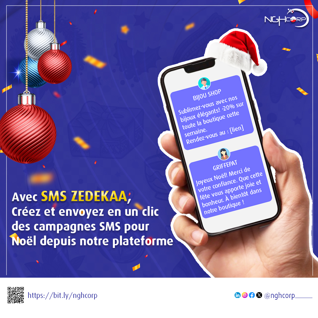 NGHCorporation's tweet image. 🎄 Noël approche à grands pas !🎅🏻
C’est le moment parfait pour envoyer des messages chaleureux pour souhaiter de joyeuses fêtes ! 💬
Découvrez toutes les possibilités qu’offre le SMS pro ➡️ bit.ly/nghcorp
📲 +228 92470847
 
#Noël #CampagneSMS #SMSPro #SMSZedekaa #nghcorp