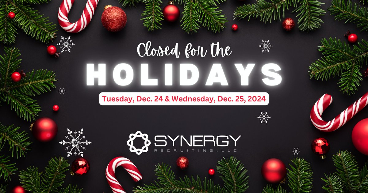 SynergyRecruite's tweet photo. Our offices will be closed on Tuesday, Dec. 24 and Wednesday, Dec. 25, 2024 for the holidays.
Regular business hours will resume on Thursday, Dec. 26.
Happy Holidays!!!

#holidays   #closed  #synergy https://t.co/6T04HZXHg4