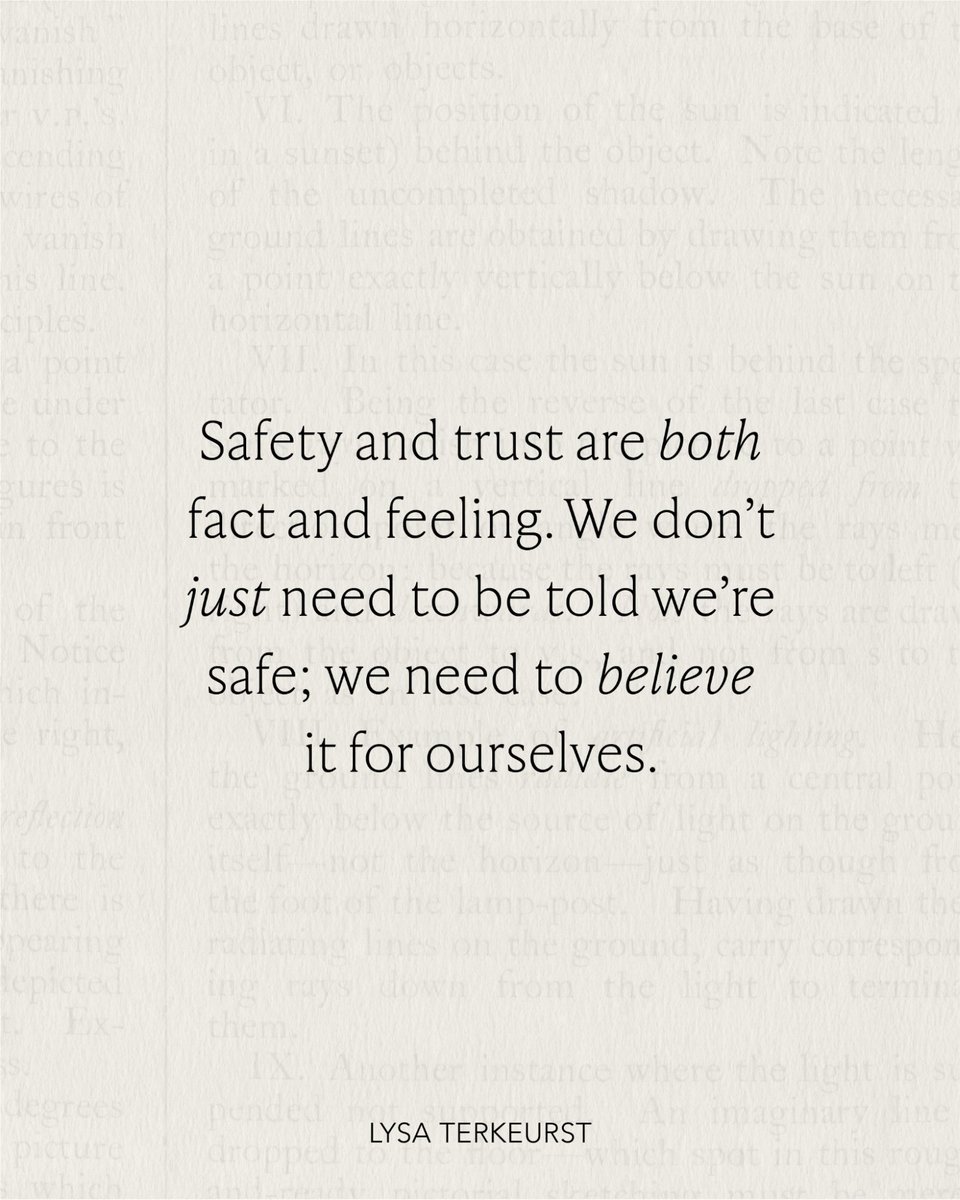 LysaTerKeurst's tweet photo. Facts aren’t the only things we need to pay attention to when assessing whether it is safe to trust another person. Feelings are also crucial. 

We don’t just need to be told we’re safe; we need to believe it for ourselves. https://t.co/RIffS5gQHG