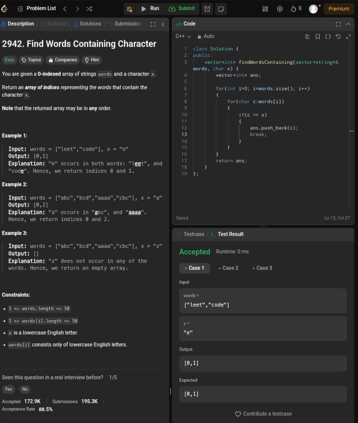 arav_mahind's tweet image. #Day12 of #30daysProductivityChallenge

-- 📍 Solved array of string related question
-- 💻 Leetcode
    - 2942. Find Words Containing Character 

#100DaysOfCode #buildinpublic #dsa #LeetCode