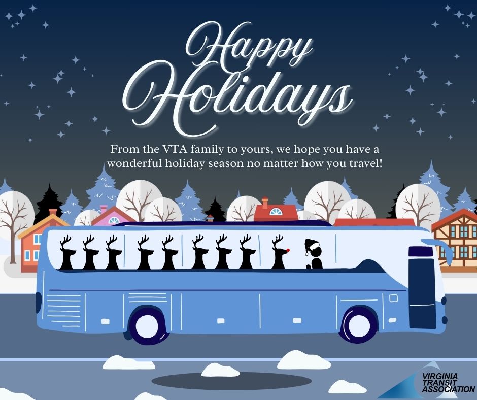 VaTransitAssoc's tweet photo. Even the most magical characters love public transit. Wishing everyone a happy holiday season! VTA cannot wait for what the new year has to offer. #holidays #holidaybus #Santatakesthebus https://t.co/9AKky7PZqX