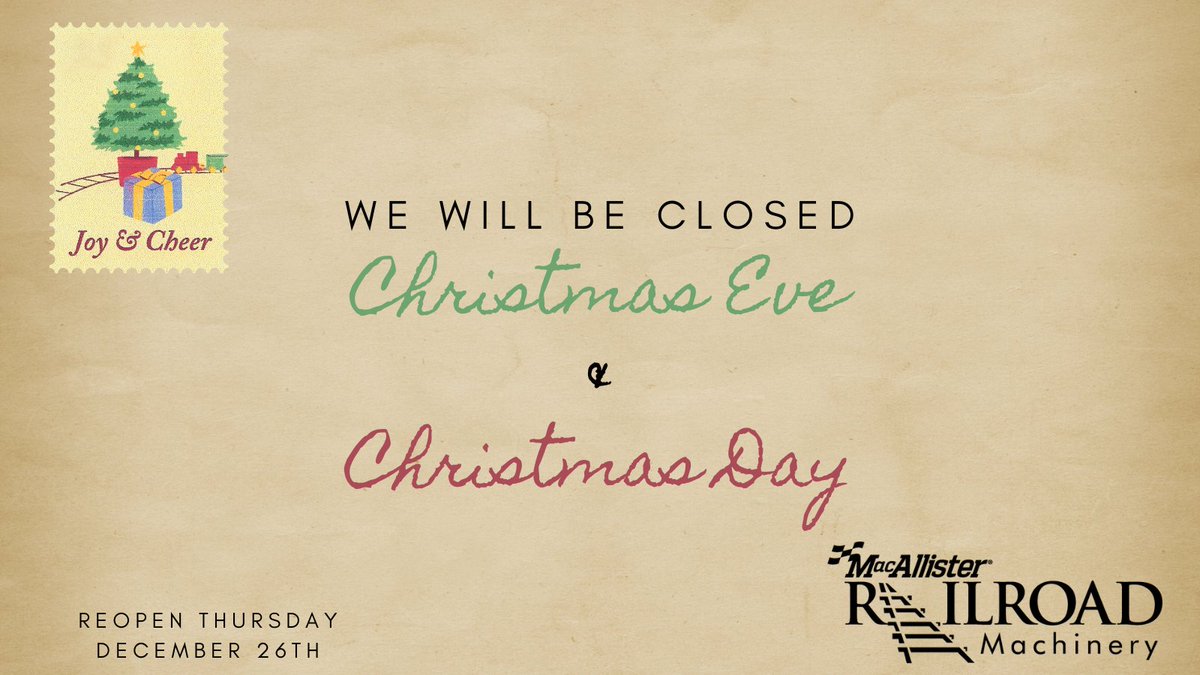 MacRailroad's tweet photo. 🎄 Holiday Hours 🎄
MacAllister® Railroad Machinery will be closed on Christmas Eve and Christmas Day. We’ll reopen on December 26th.

Wishing you a wonderful holiday season filled with joy and peace! 🎁

#MacAllisterRailroad #HolidayHours https://t.co/pUu1qpPwyy