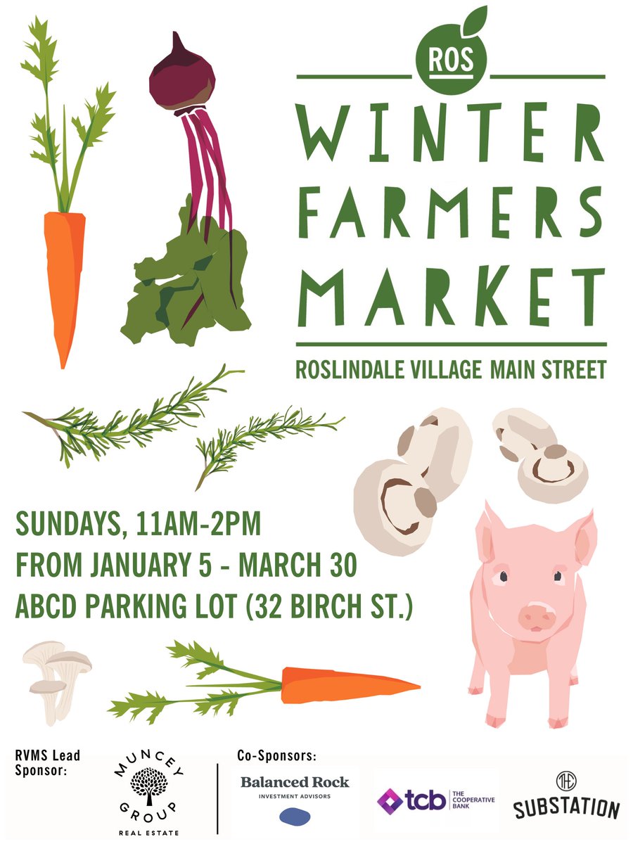 RosMainStreet's tweet photo. Our Winter Farmers Market starts on Sun. Jan. 5! The Winter Farmers Market runs every Sunday in January - March from 11am-2pm in the ABCD Parking Lot (at 32 Birch Street). We can't wait to bring fresh veggies and other goodies your way again soon! See you there! #ROSLove https://t.co/8QKYqWl1Nr