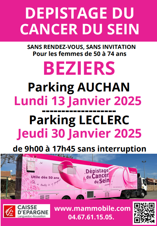 🎗 Dépistage du cancer du sein 🎗

📆 Lundi 13 janvier
🕐 De 9h à 17h45
📍 Parking Centre Commercial Auchan

📆 Jeudi 30 janvier
🕐 De 9h à 17h45
📍 Parking E.Leclerc Montimaran