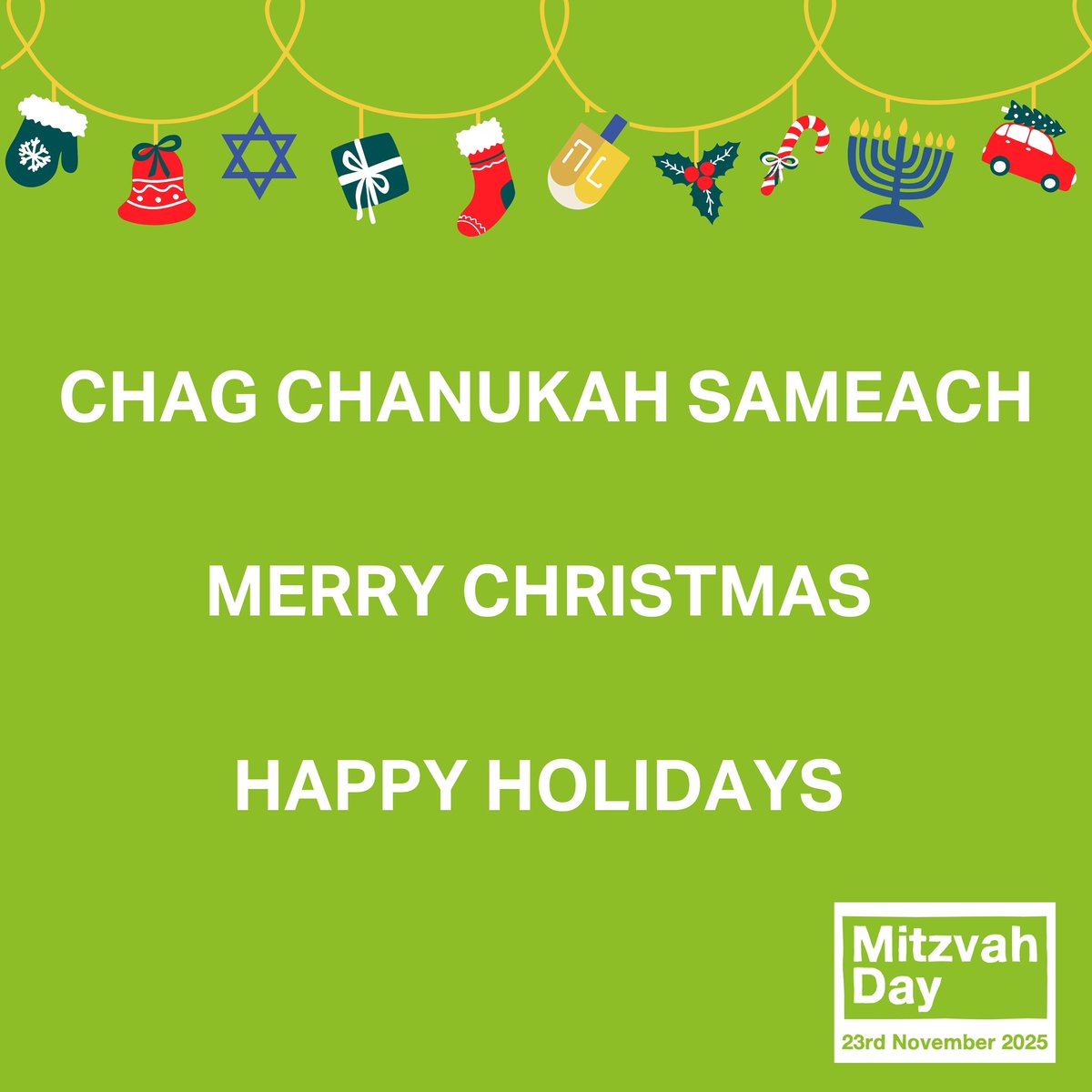 Chag Chanukah Samaech 💚 Merry Christmas 🎄Happy Holidays 

Wishing everyone a joyful and restful festive season—we can’t wait to see you in the new year, ready to make a difference together!

#MitzvahDay #Chanukah #SocialAction #Interfaith #MD2024
