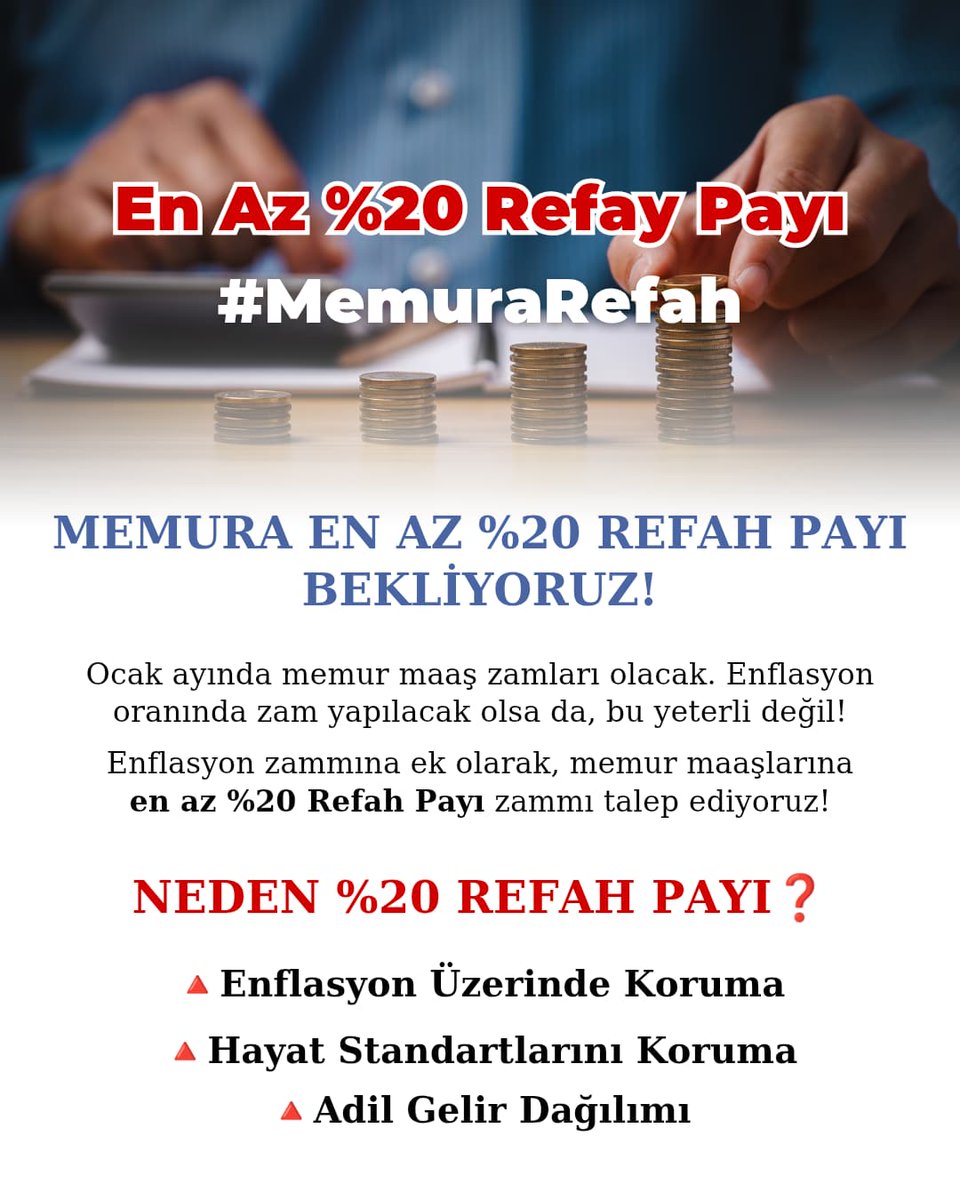 ygdogramaci's tweet photo. MEMURA EN AZ %20 REFAH PAYI BEKLİYORUZ❗️📢

Ocak ayında memur maaş zamları olacak. Enflasyon oranında zam yapılacak olsa da, bu yeterli değil!

Enflasyon zammına ek olarak, memur maaşlarına en az %20 Refah Payı zammı talep ediyoruz!

Neden Refah Payı İstiyoruz❓️

🔺️Enflasyon Üzerinde Koruma:
Enflasyon oranında yapılan zamlar, fiyat artışlarını dengelemek için yeterli değil.

🔺️Hayat Standartlarını Koruma: 
Maaşlar sadece enflasyon oranında arttığında, reel gelir düşüyor, alım gücü azalıyor!

🔺️Adil Gelir Dağılımı: 
Refah Payı, ekonomik büyümeden herkesin adil bir şekilde pay almasını amaçlar. Toplumsal refahın artması ve gelir adaletsizliğinin azaltılması için önemlidir.

#MemuraRefah

#MemurMaaşı #RefahPayı #AdaletliZam #MaaşZammı

@tcbestepe @RTErdogan @HMBakanligi @csgbakanligi @saglikbakanligi
