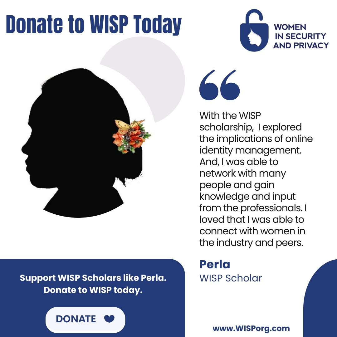 wisporg's tweet photo. Support @wisporg scholars like Perla who was a scholar for @BlackHatEvents and you can advance women and underrepresented communities to lead the future of privacy and security - Click here to make your gift: https://t.co/gnNFuJDCQI https://t.co/DmmfvdY47U