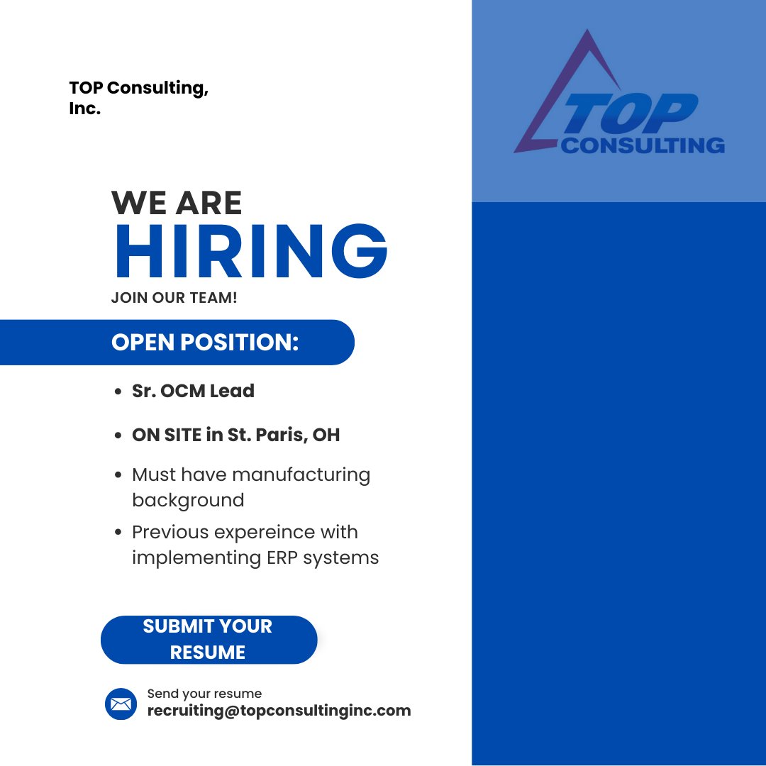 TOPConsulting1's tweet photo. We are excited to announce that we are hiring for a Sr. OCM Lead position based in St. Paris, OH! 
.
.
Could that person be you? Send in your resume today!

#hiring #consulting #ITjobs #OCMLead #manufacturing #ERP #implementations https://t.co/3bxNKvW9qe