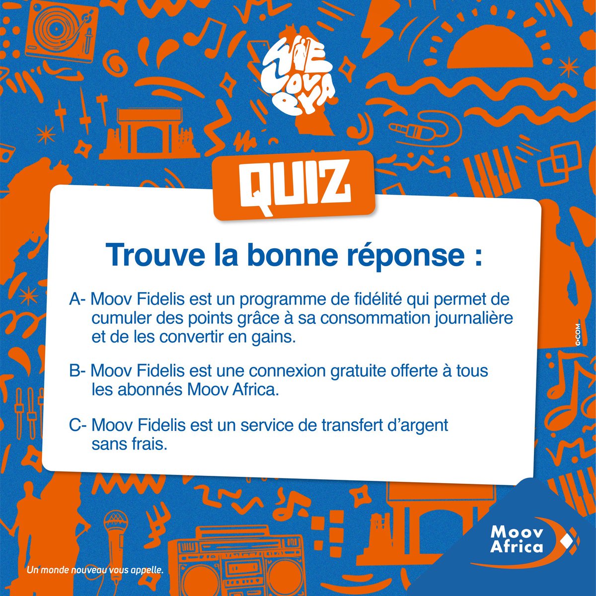 Trouve la bonne réponse à la question, abonne-toi au compte de Moov Africa Bénin, partage le post et tente de gagner un ticket Weloveya. 

👉 Les 3 bonnes réponses avec le plus de likes remportent un ticket !

Fin du jeu : Mardi 9h00
#MoovAfricaBénin