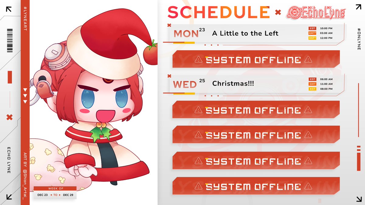 EchoVNU's tweet photo. 🪫 SCHEDULE 12/23 - 12/29 🪫
This week's schedule is on the lighter side because I will be traveling to go back home!! Going to try to spend as much time as I can with friends and family before then!
Live: #OnLyne
Art: #LyneArt
Meme: #Echopium
Clips: #Echollection
Oshi Mark: 🪫 https://t.co/wJbtjKYGlm