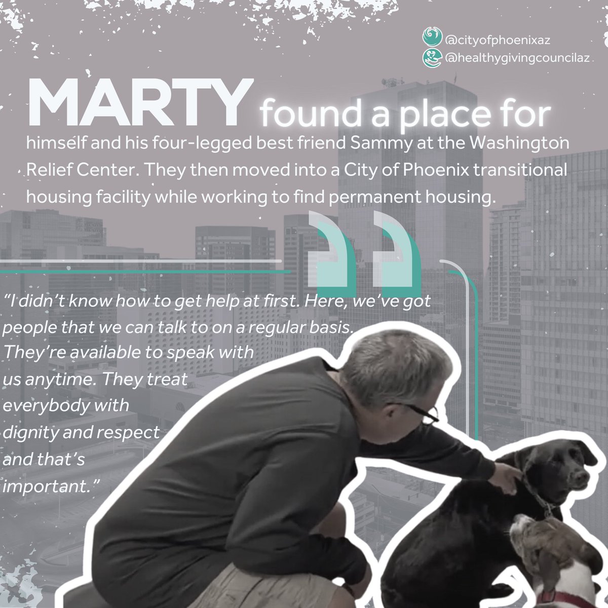 CityofPhoenixAZ's tweet photo. We are sharing stories of #HealthyGiving this holiday season. Marty found a place for himself and his four-legged best friend Sammy at the Washington Relief Center.
Find volunteer or donation opportunities to help people like Marty at https://t.co/IfytvjrGGp.
#GiveSmartAZ https://t.co/Lv3RLuUlBz