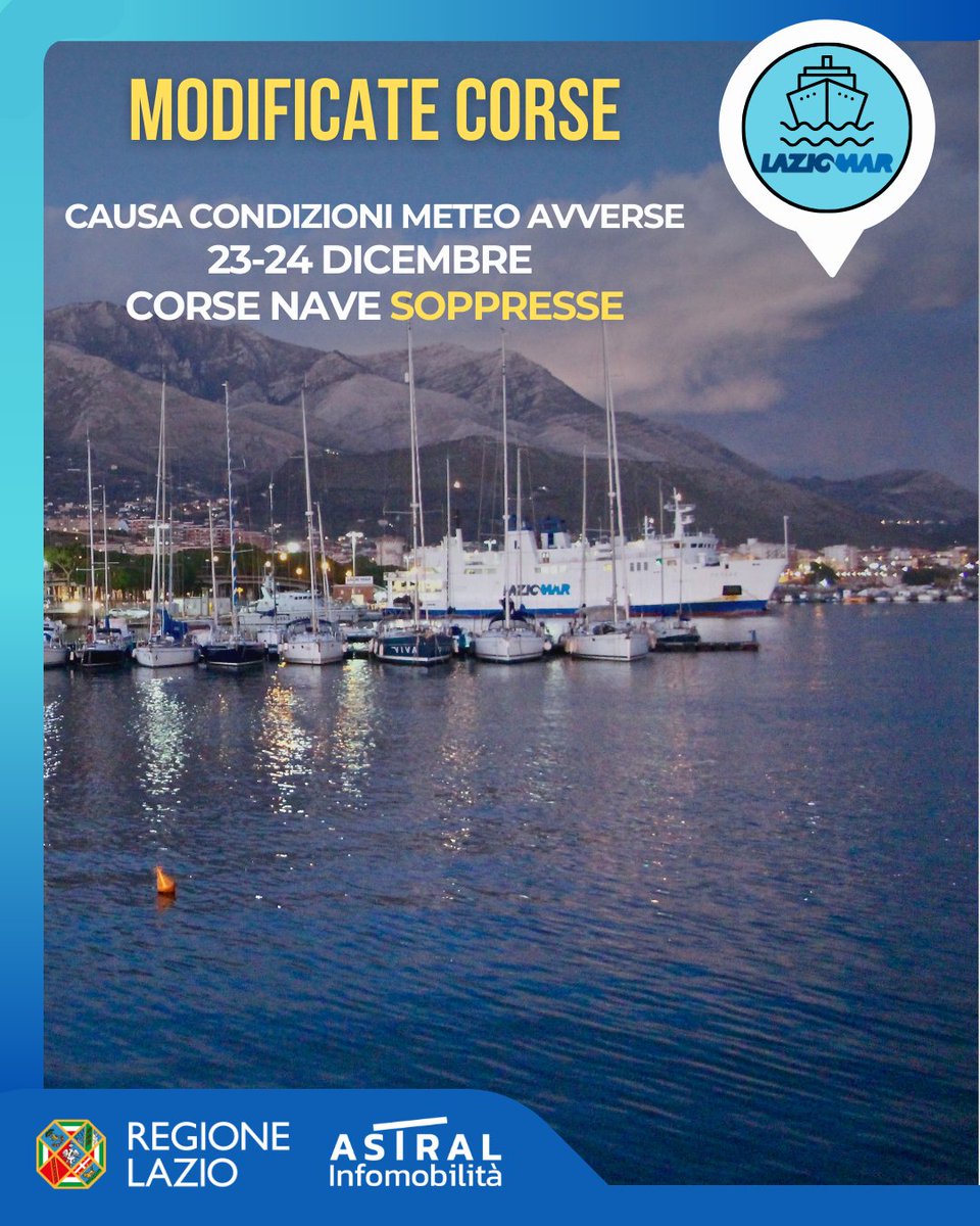 astralmobilita's tweet photo. 📢⚓ #LAZIOMAR 

❌causa #maltempo, cancellate le seguenti corse nave:

📆#23Dicembre
#Formia-#Ponza ore 17.30

📆#24Dicembre
#Ponza - #Formia ore 05.30

#pendolariLAZ https://t.co/LozvqUsaWM