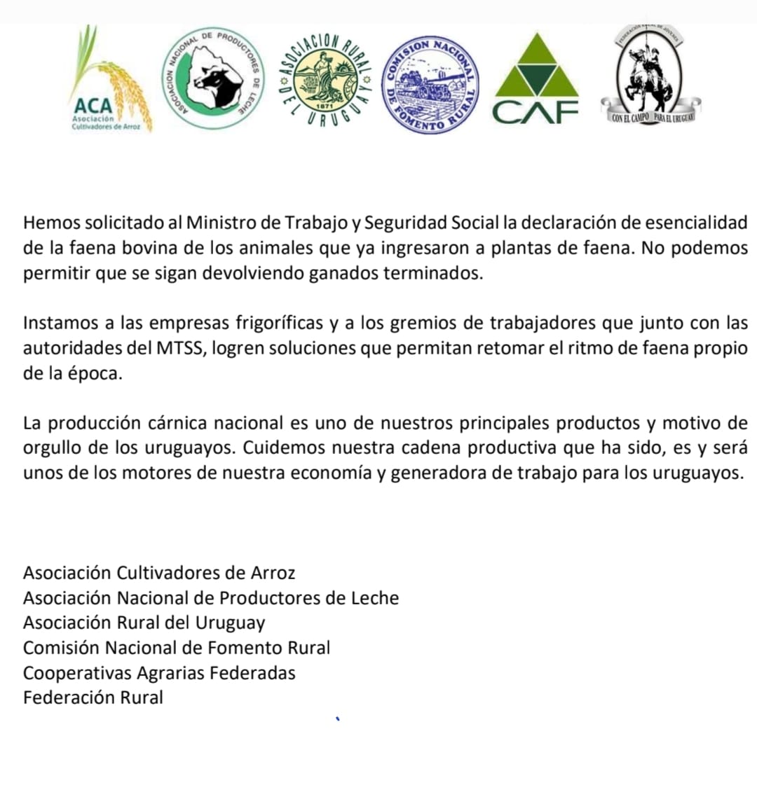 CAFUruguay's tweet photo. 📣 Comunicado de las gremiales en relación al conflicto en la industria frigorífica

Las gremiales agropecuarias @ACAoficial @anpl_uy ARU @cnfr_uy CAF y @federacionrural emitieron hoy un comunicado a la opinión pública en el marco del conflicto de la industria frigorífica

🔽🔽 https://t.co/piiZ6Pdxm3