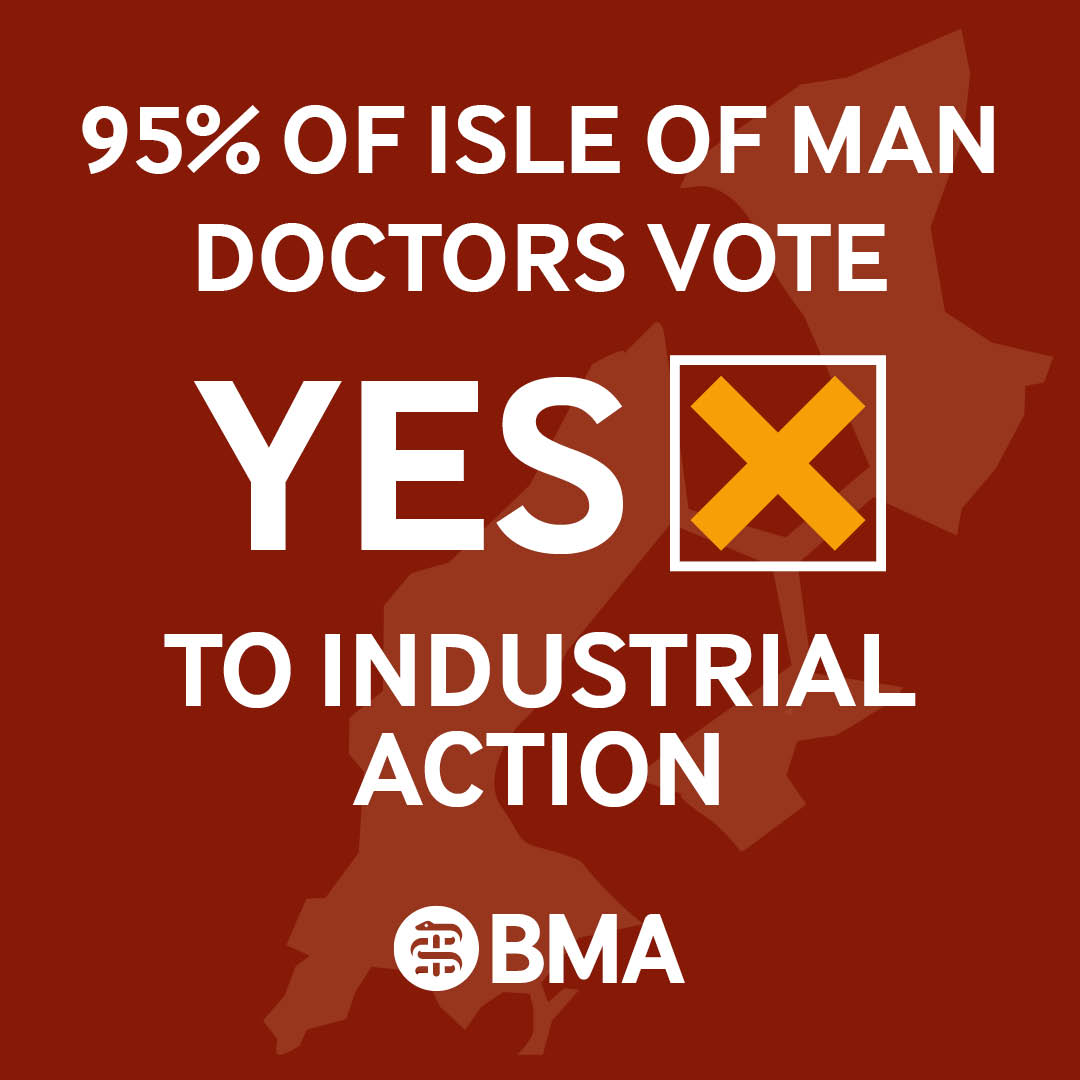 TheBMA's tweet photo. The ballots are in, and 95% of doctors on the Isle of Man have voted YES to industrial action.

Thank you for voting. We'll announce details of our action soon, and together we will tell Manx Care to make pay fair.
https://t.co/q0qVh3echN https://t.co/8L16TU092F