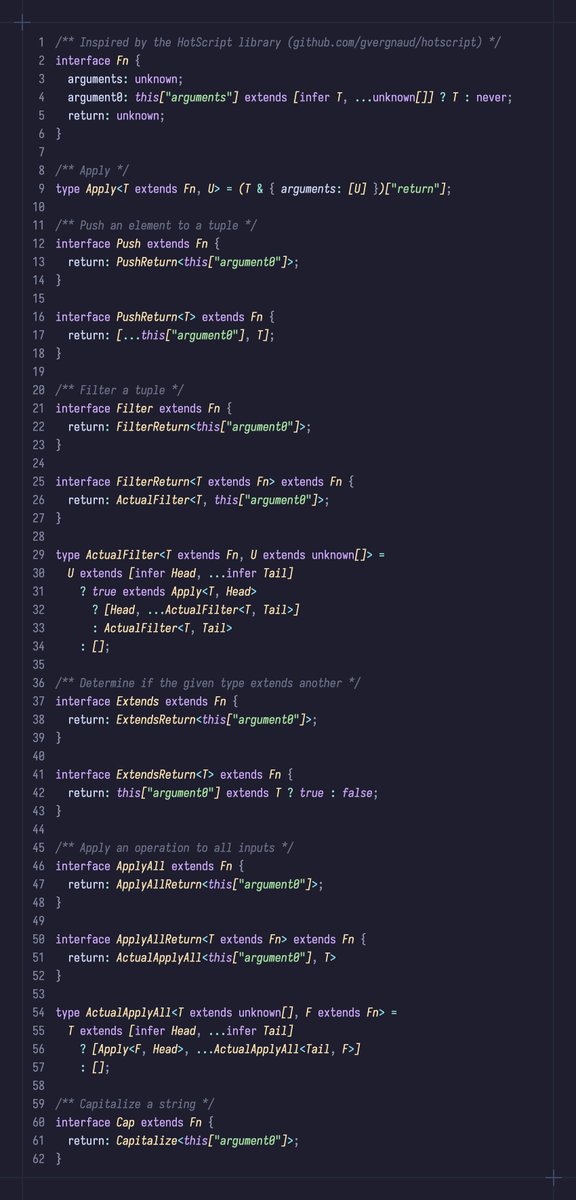 graddotdev's tweet image. Day 23 of #AdventOfTypescript required me to look at HotScript's repo to solve the task. Really like this approach. Definitely learned something new today.