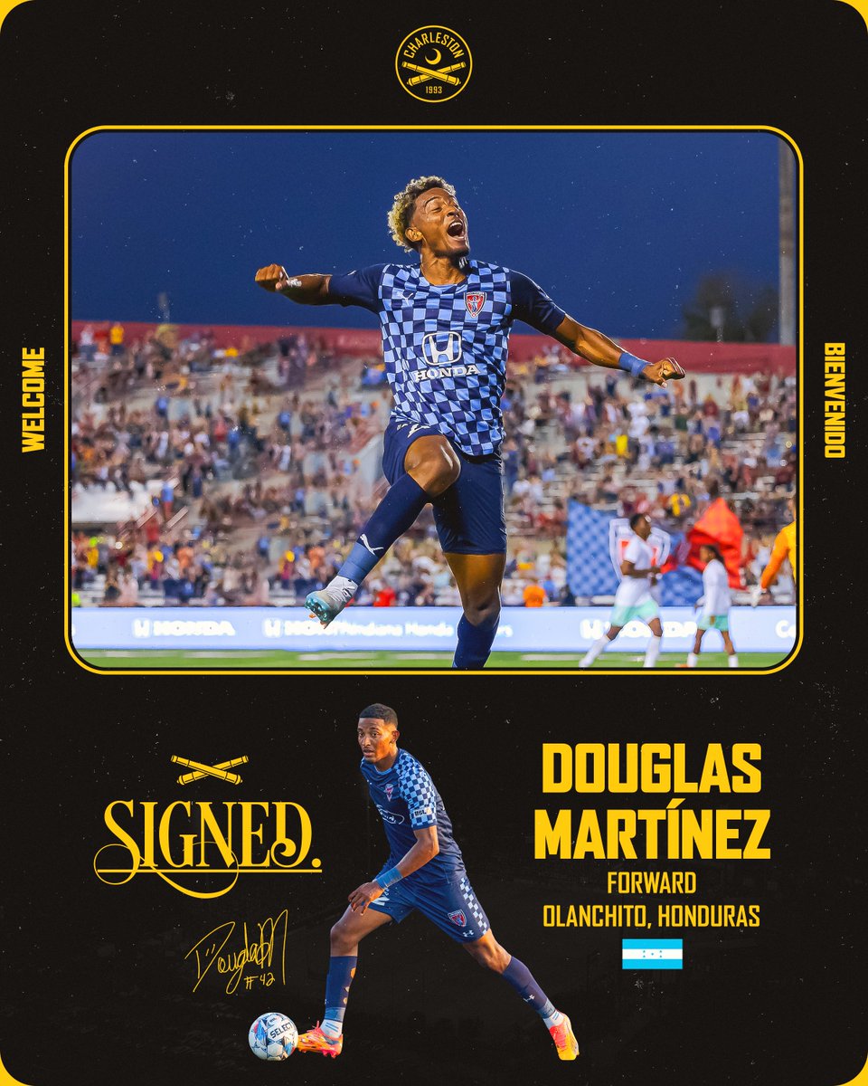 Chas_Battery's tweet photo. ¡𝐁𝐢𝐞𝐧𝐯𝐞𝐧𝐢𝐝𝐨 𝐃𝐨𝐮𝐠𝐥𝐚𝐬!

Welcome to the Charleston Battery, Douglas Martínez!

The @LaHSomosTodos international joins the Black and Yellow on a multi-year deal 🇭🇳✍️

#CB93 | @Douglas_M19 https://t.co/Eo4neTARRl