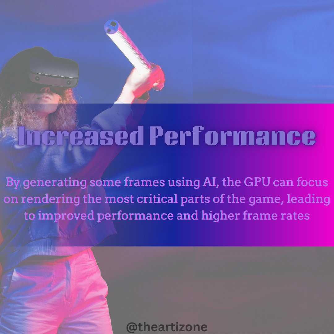 ARTIZONE4's tweet photo. It's like giving your games a turbo boost! 🎮 AI generates additional frames, making gameplay smoother and more immersive. Perfect for next-level gaming visuals.🎮
🌐 Visit our website: [https://t.co/9Lb0Pc5j3E]
#AI #GamingTech #FrameGeneration #Gamers https://t.co/syc1WMS9D7