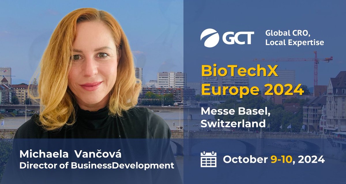 gctrials's tweet image. The GCT team’s glad to announce that Michaela Vancova, Business Development Director, will be attending BioTechX Europe 2024 conference in Basel on 09-10 Oct 2024.You can request a meeting with Michaela at: m.vancova@gctrials.com  
#GCT_MEETING #BioTechXEurope #gct
