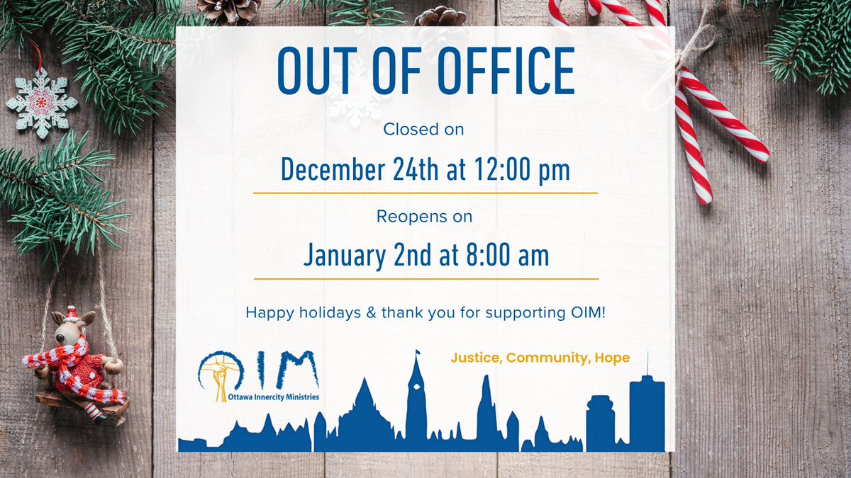 📣 Our staff team is disconnecting during the holidays to spend time with loved ones. We'll be closed tomorrow at noon and will reopen on January 2nd at 8:00 am. Thank you for understanding! 😊 #OIM’s outreach volunteers will still go out to help our street friends 🙌

#Ottawa