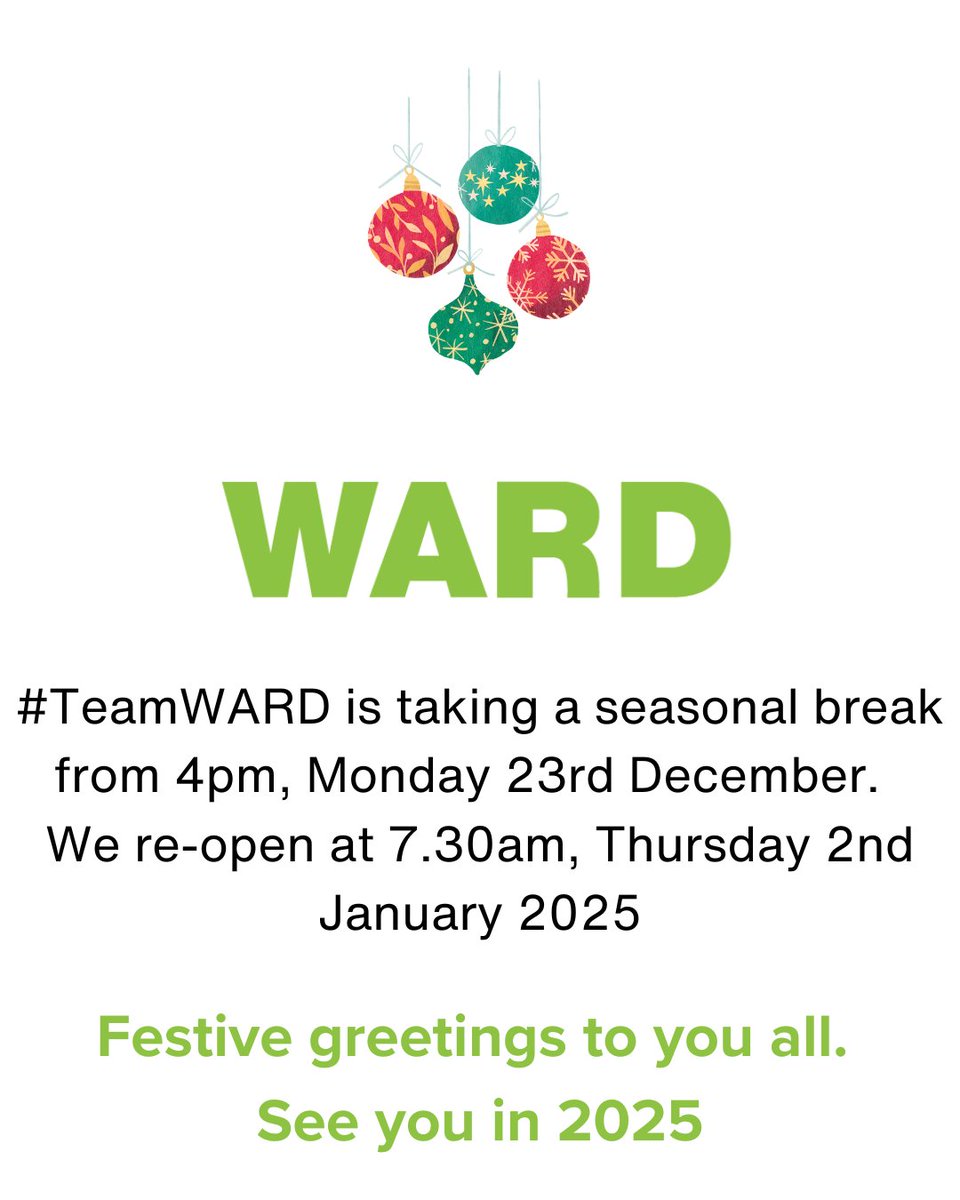 Thank you to everyone for your ongoing support in 2024 🙏.

#TeamWARD is taking a festive break from 23rd December at 4pm and will be back on 2nd January 2025 for all your metal recycling and waste management needs ♻️.

#seasonsgreetings #recycleresponsibly #reuserecycle