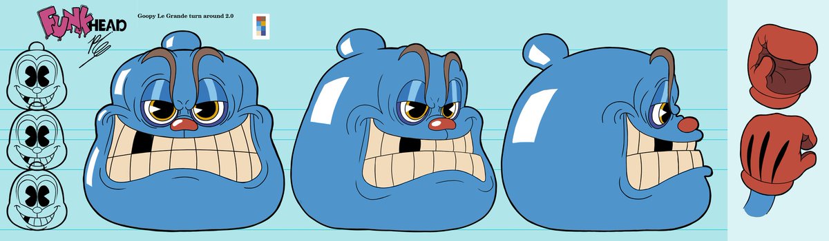 Goopy had a redesign midway the development, we figured he deserved a glowup, unlike in the original Cuphead he didn't have to be just a ball, as he won't have to be confined to the simple shape that better defined a dodge-able hitbox