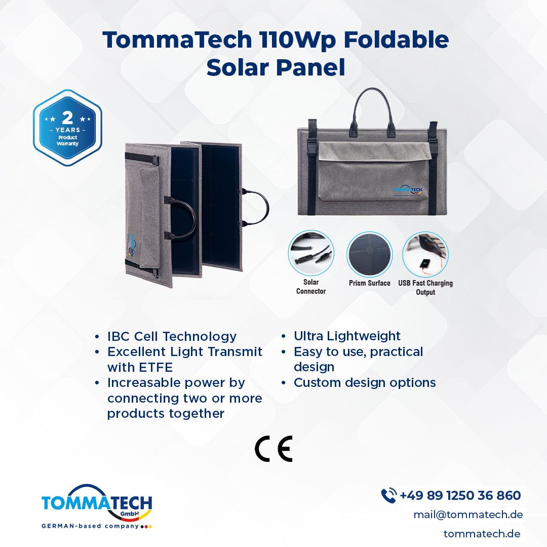 tommatech's tweet image. TommaTech 110Wp Foldable Solar Panel

☎️ +49 89 1250 36 860
📨 mail@tommatech.de

#TommaTech #foldablesolarpanel