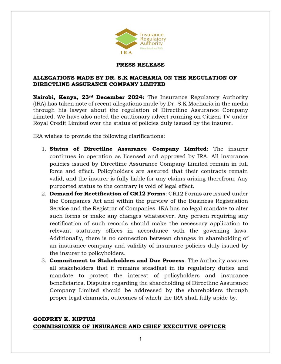 ira_kenya's tweet photo. PRESS RELEASE: IRA POSITION STATEMENT ON DIRECTLINE ASSURANCE COMPANY.

Read the full statement: https://t.co/YvakiGHc2B https://t.co/l8DcayHt4l