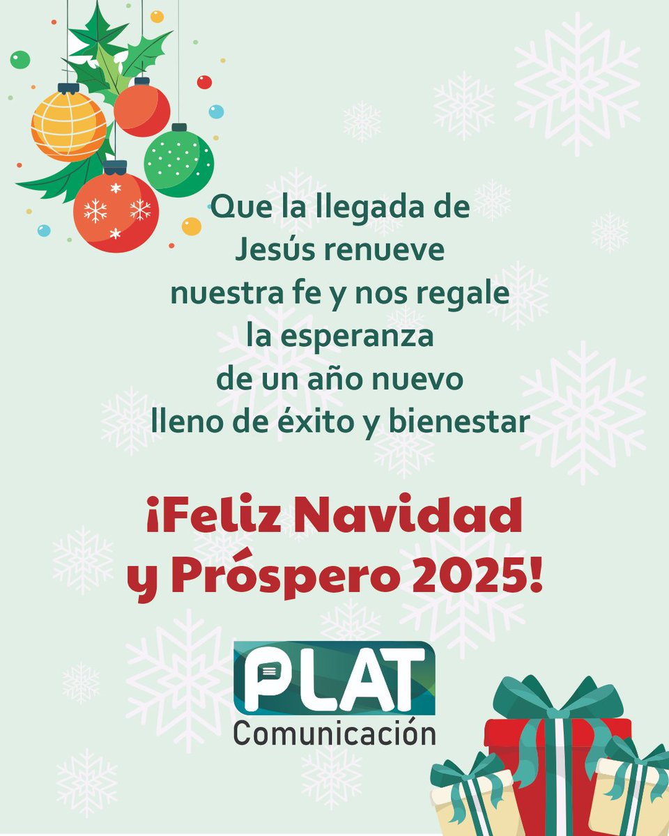 PLATComunica's tweet photo. Todo lo mejor en esta Navidad para ustedes, y que el 2025 llegue cargado de muchos éxitos y bendiciones. ¡Felices Fiestas 🎄🎉!

#feliznavidad #felizañonuevo #felicesfiestas #platcomunicacion https://t.co/nvnfTUOutU