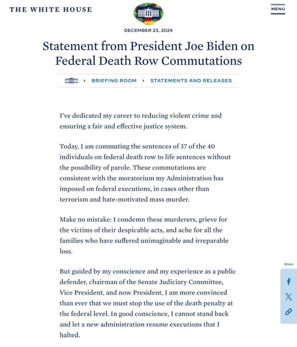 🚨BREAKING: Joe Biden has commuted the sentences of 37 out of the 40 prisoners on federal death row.