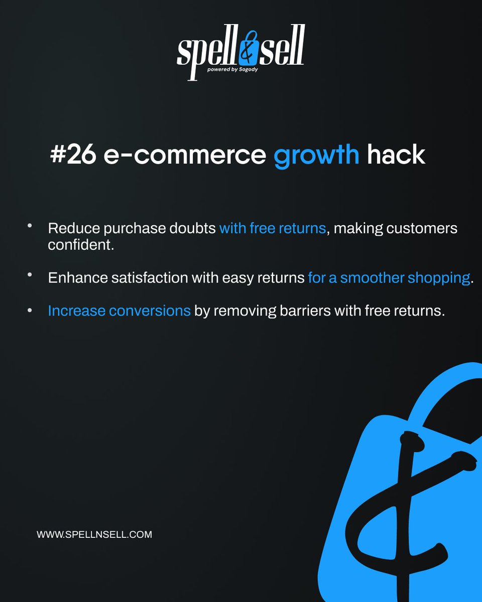 spellnsell's tweet photo. Turn hesitant shoppers into buyers by offering free returns, giving them peace of mind and encouraging them to complete their purchase! https://t.co/lYiK7XvjQI