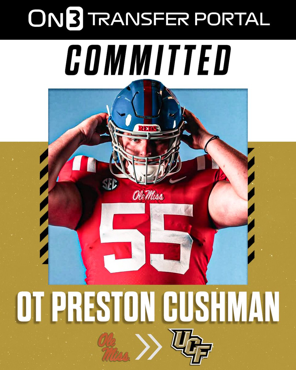 Transfer Portal (@transferportal_) on Twitter photo BREAKING: Ole Miss transfer OL Preston Cushman has signed with UCF, per <a href="/PeteNakos_/">Pete Nakos</a>βοΈ
on3.com/transfer-portaβ¦ BREAKING: Ole Miss transfer OL Preston Cushman has signed with UCF, per <a href="/PeteNakos_/">Pete Nakos</a>βοΈ
on3.com/transfer-portaβ¦