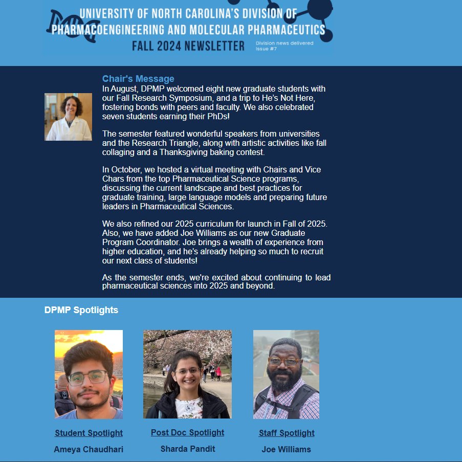 Pharmacoengineering & Mol Pharmaceutics (DPMP UNC) (@dpmp_unc) on Twitter photo Our Fall 2024 Newsletter is Here!
Missed it in your inbox? We have you covered. Dive into the latest spotlights, exciting news, and upcoming events. Check it out now and stay in the loop.
Click the link & discover what’s new this season: icont.ac/50Vt7
<a href="/UNCPharmacy/">UNC Pharmacy</a> Our Fall 2024 Newsletter is Here!
Missed it in your inbox? We have you covered. Dive into the latest spotlights, exciting news, and upcoming events. Check it out now and stay in the loop.
Click the link & discover what’s new this season: icont.ac/50Vt7
<a href="/UNCPharmacy/">UNC Pharmacy</a>