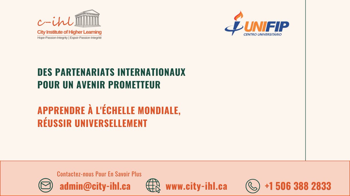 CityIHL's tweet photo. Excellente nouvelle ! Nous avons noué un partenariat avec l'Université UNIFIP, une institution prestigieuse du Brésil, pour renforcer l'éducation internationale et les échanges culturels. Restez à l'écoute ! 
#ÉducationGlobale #Partenariat https://t.co/ZRD4FohXXq