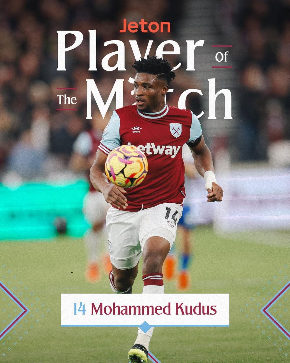 Mento1991's tweet photo. Mo Kudus wins your Jeton Wallet Global Player of the Match award from yesterday's draw with Brighton 🏆 https://t.co/6JeHZNcT12