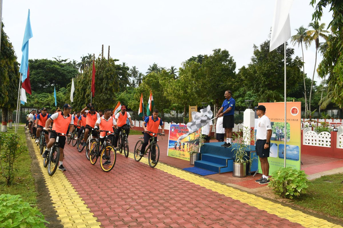 AN_Command's tweet photo. As part of the 20th anniversary of #Tsunami2004, #AFSCarnic organized a Tsunami Survivors Cyclothon at #CarNicobar. Covering 20 km, it symbolized hope and resilience, honouring the survivors' journey. #AirForceComponent #TsunamiRemembrance #ANC https://t.co/9nvGEYLoWq