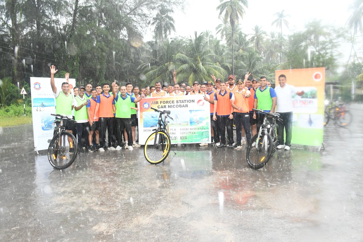 AN_Command's tweet photo. As part of the 20th anniversary of #Tsunami2004, #AFSCarnic organized a Tsunami Survivors Cyclothon at #CarNicobar. Covering 20 km, it symbolized hope and resilience, honouring the survivors' journey. #AirForceComponent #TsunamiRemembrance #ANC https://t.co/9nvGEYLoWq
