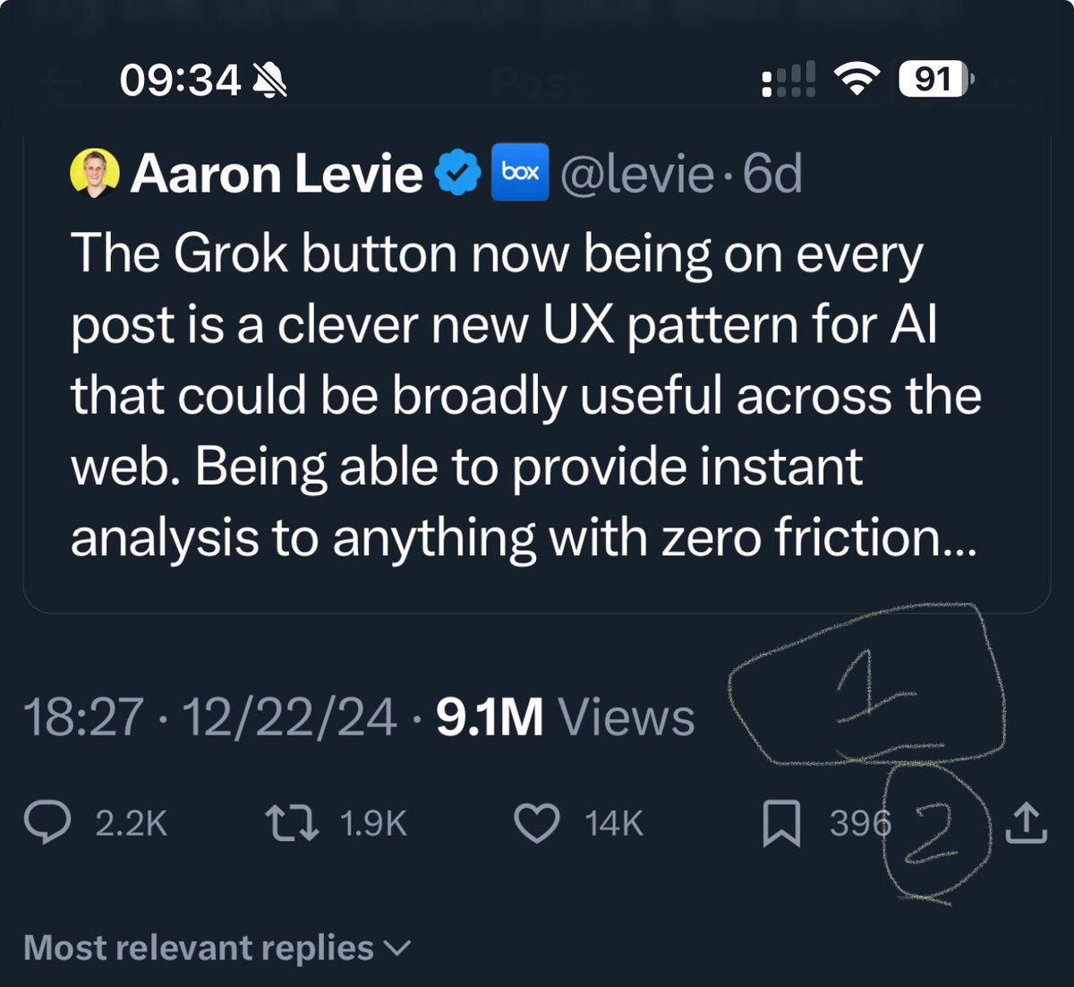JERABALDI's tweet photo. Great addition but it’s not in the most intuitive place. Top right corner is out of sight and can be missed. 

You have some white place under the post to work with. 

Also what about a Grok button in the reply UI? It could help with ideating a response (that’s not generated by Apple or OpenAI)  @elonmusk