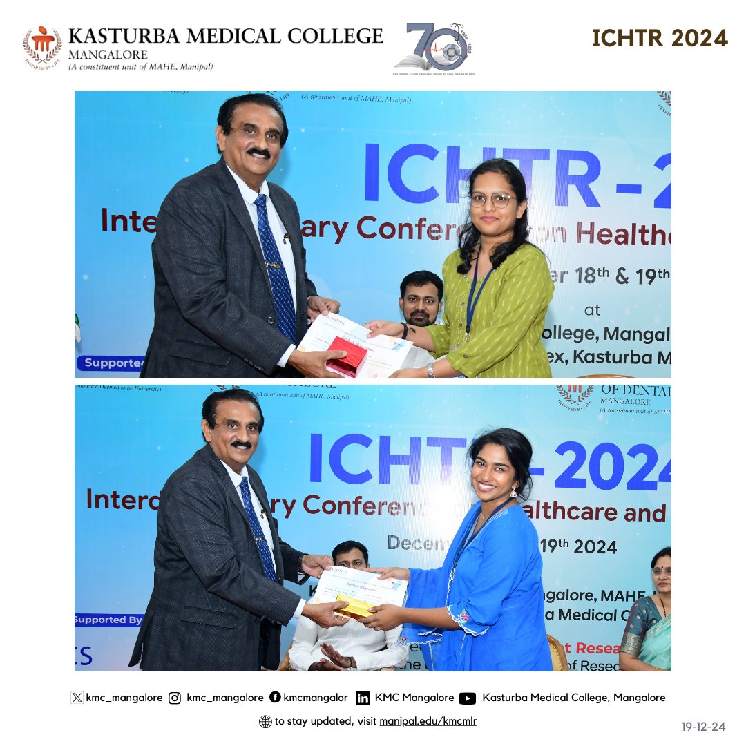 The Interdisciplinary Conference on Healthcare &amp; Technical Research (ICHTR) 2024 was held on Dec 18-19, by MAHE-SRF, <a href="/DoRMAHE_Manipal/">Directorate of Research, MAHE, Manipal</a>, KMC Mlore, and MCODS Mlore.

Congrats to Anita Sherly, K R Souharda, Dr Farha Mohammed, and Dr Aparna Nair for winning the Best Presenter awards!