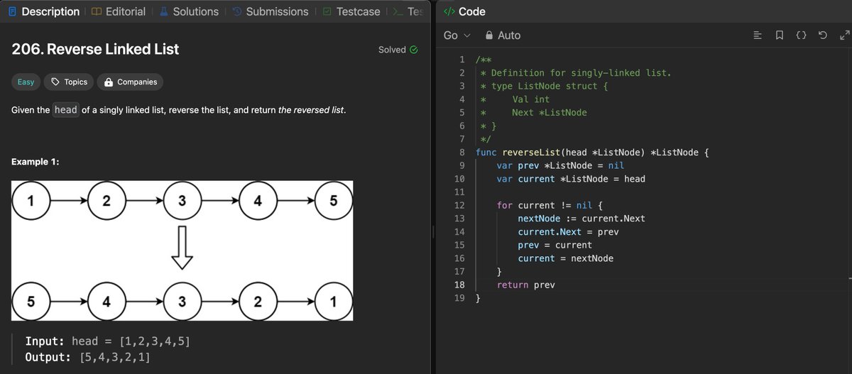 the_code_club's tweet image. Leetcode 206 - Reverse Linked List - Solution in Go.

#100DaysOfCode #LinkedList #LeetcodeEasy