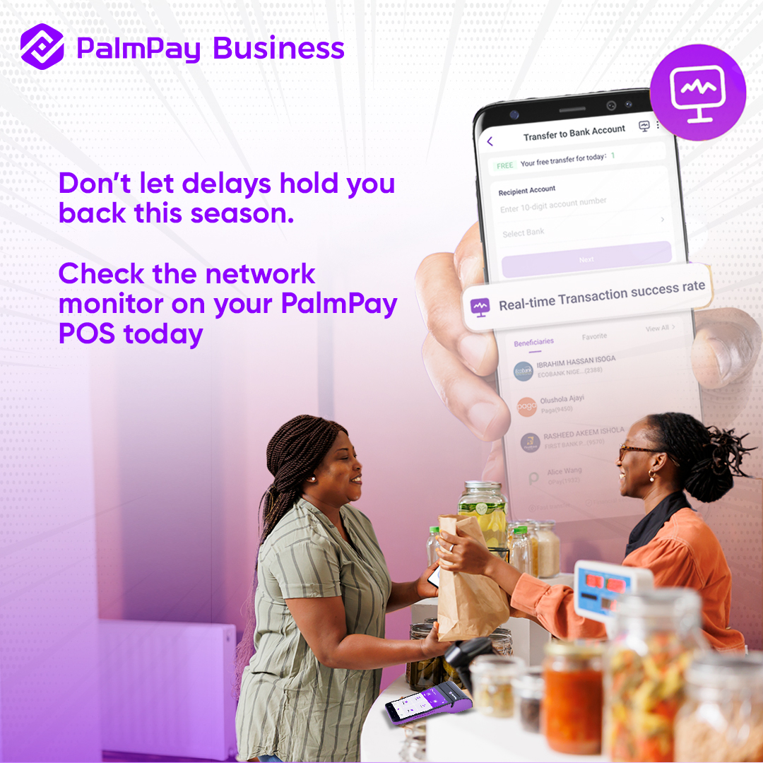 PalmPayBusiness's tweet image. Don’t let delays slow you down this season

Stay ahead by checking the network monitor on your PalmPay POS or the PalmPay Business app today. 💡 

#PalmPayBusiness #NetworkMonitor