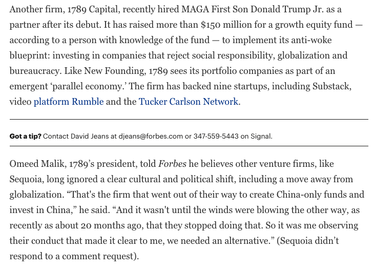 DavidJeans2's tweet photo. Anti-woke VC's are part of a broader 'vibe shift' in tech and beyond. New Founding is still small, but others are emerging like 1789 Capital, which has raised more than $150M for its growth equity fund, and recently hired Donald Trump Jr as a partner. https://t.co/xUgBwiBnUS